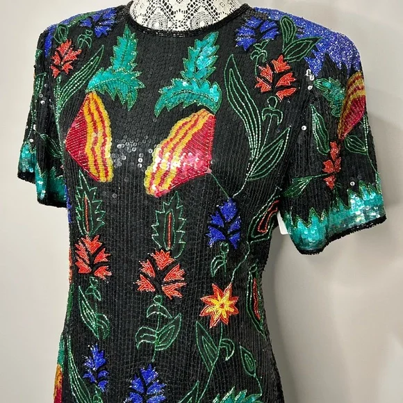 Vintage 80’s silk sequins fully beaded floral design knee length formal dress - Picture 2 of 16